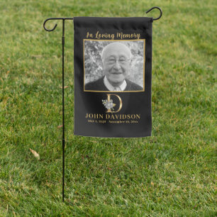Grave Site Memorial Photo with Gold Monogram Garden Flag