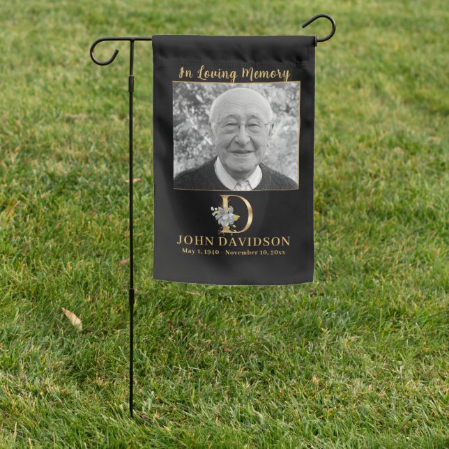 Grave Site Memorial Photo with Gold Monogram Garden Flag (In SItu)