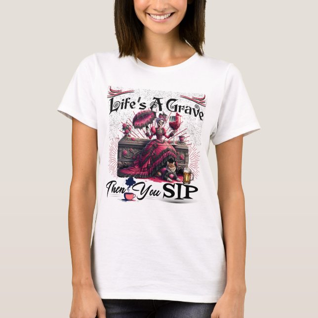 Grave Skeleton Drinking Cat Coffee T-Shirt (Front)