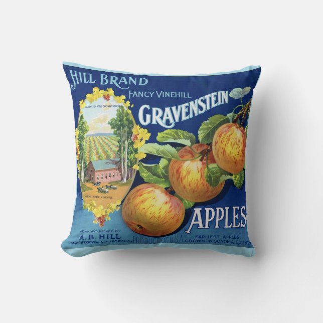Gravenstein Apple Vintage Label Throw Pillow (Front)