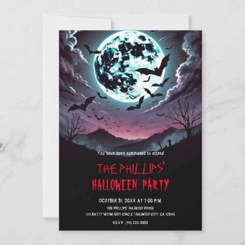 Graveyard Bats in the Moonlight Halloween Party Invitation