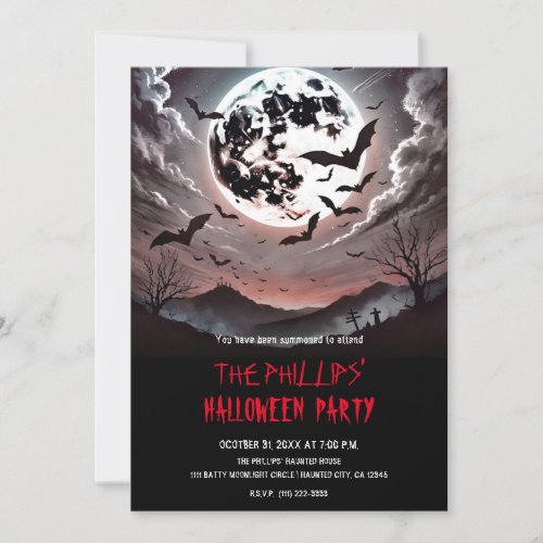 Graveyard Bats in the Moonlight Halloween Party Invitation