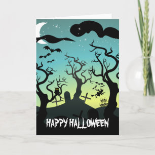 Graveyard black, aqua, yellow Halloween Card