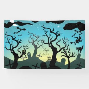 Graveyard black, aqua, yellow Halloween custom Banner