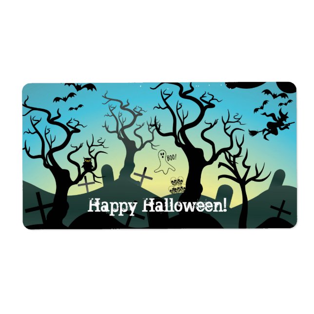 Graveyard black, aqua, yellow Halloween custom Label (Front)