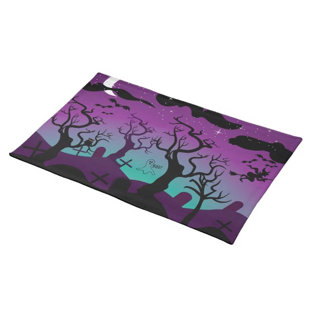 Graveyard black,  purple, turquoise Halloween Cloth Placemat (On Table)