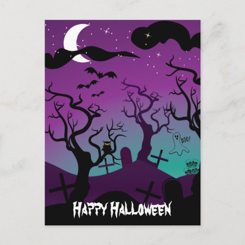 Graveyard black purple turquoise Halloween Postcard