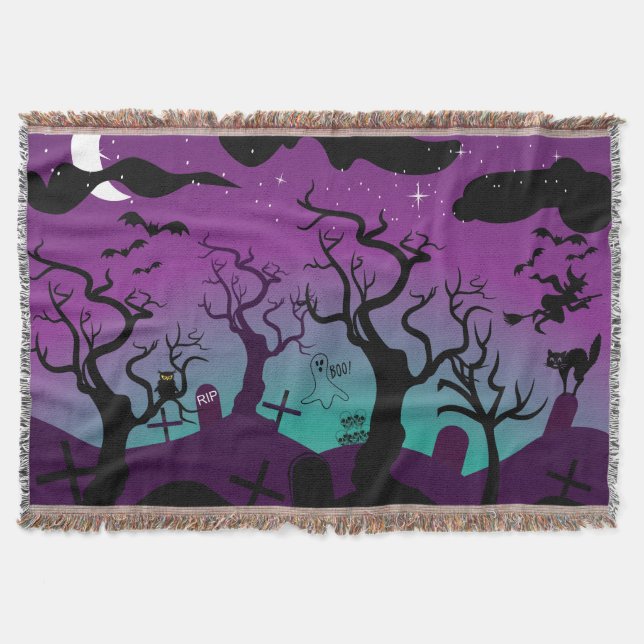 Graveyard black, purple, turquoise Halloween Throw Blanket (Front)