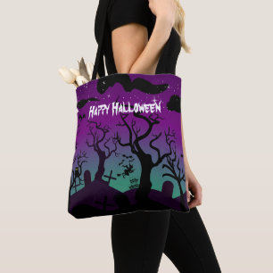 Graveyard black, purple, turquoise Happy Halloween Tote Bag