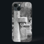graveyard iPhone 13 case<br><div class="desc">These old stone headstones and this cross mark graves in Laurel Hill Cemetery. Historic cemeteries can have goth, eerie, or spooky qualities to them. This black and white photo casts a stark, bleak, creepy light on the necropolis. Some find cemeteries scary, frightening, or macaber. Others find cemeteries peaceful and beautiful....</div>