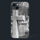 graveyard iPhone 13 case<br><div class="desc">These old stone headstones and this cross mark graves in Laurel Hill Cemetery. Historic cemeteries can have goth, eerie, or spooky qualities to them. This black and white photo casts a stark, bleak, creepy light on the necropolis. Some find cemeteries scary, frightening, or macaber. Others find cemeteries peaceful and beautiful....</div>