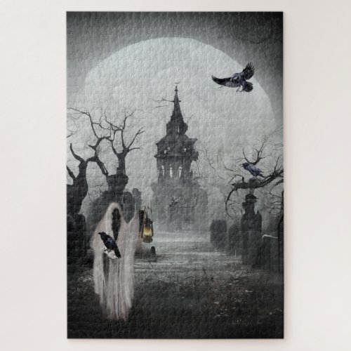Graveyard Gate Keeper and Full Moon Halloween Jigsaw Puzzle