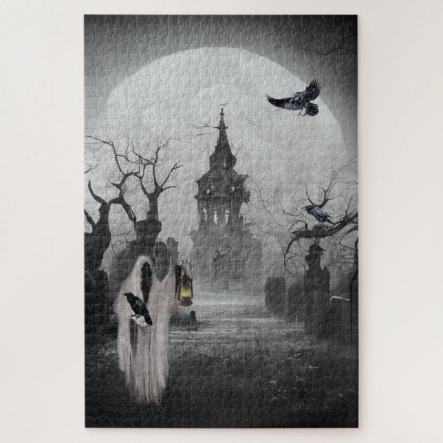 Graveyard, Gate Keeper and Full Moon Halloween Jigsaw Puzzle (Vertical)