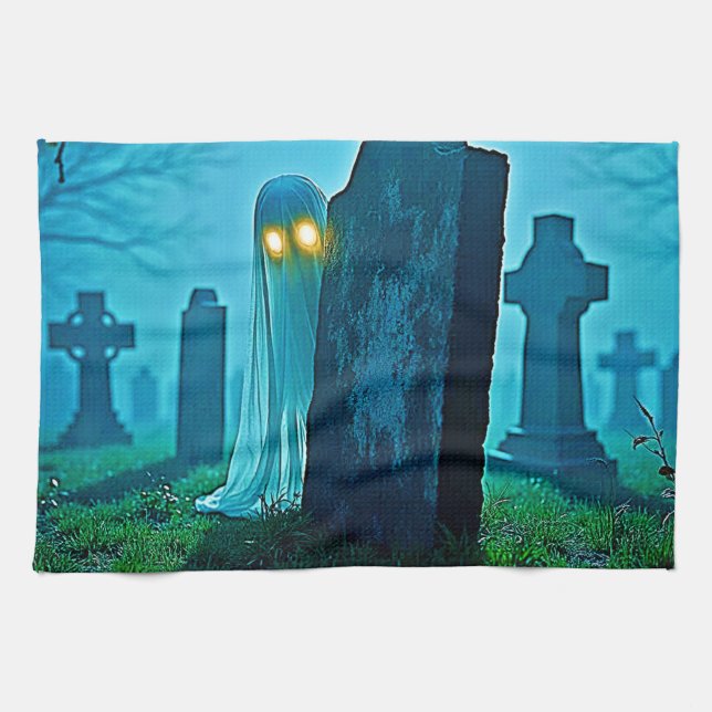 Graveyard Ghost's Eerie Glimpse Kitchen Towel (Horizontal)
