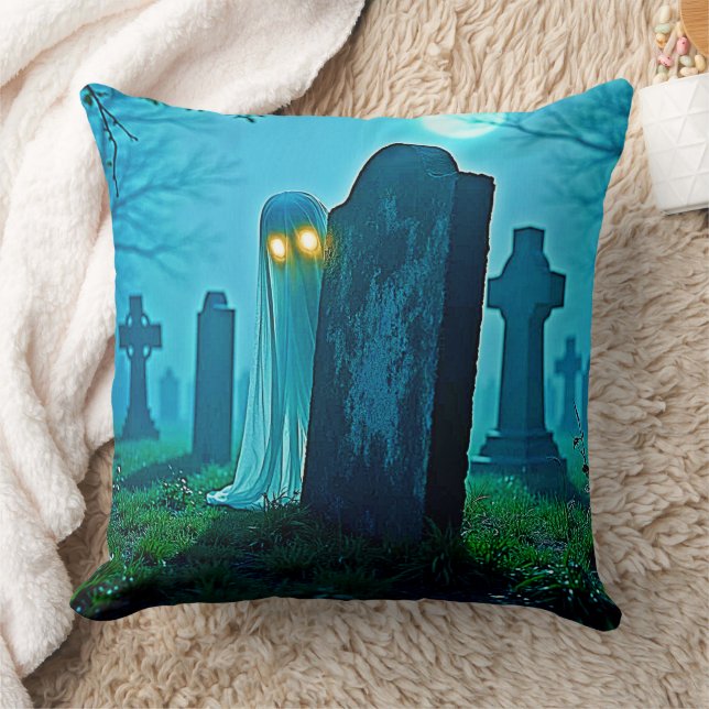 Graveyard Ghost's Eerie Glimpse Throw Pillow (Blanket)