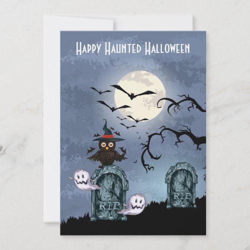 Graveyard Ghosts Owl Full Moon Halloween Invitation