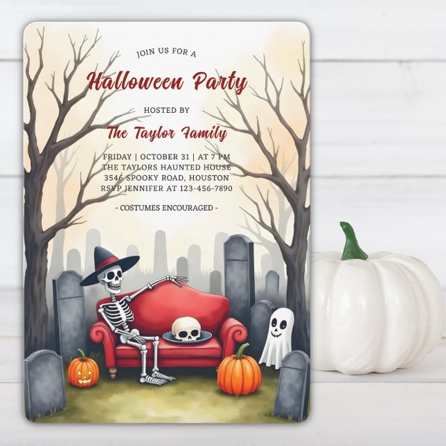 Graveyard Skeleton Ghost Costume Halloween Party Invitation (Graveyard Lounge Halloween Invite Skeleton, Ghost & Pumpkins Costume Party)