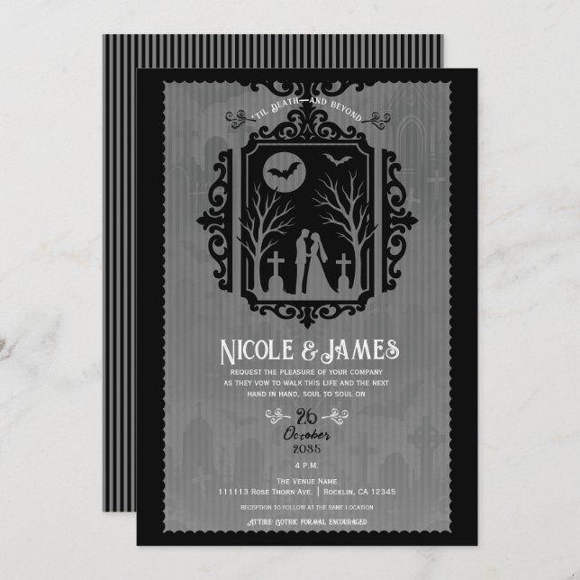Graveyard Vows Black & Gray Gothic Wedding Invitation (Front/Back)