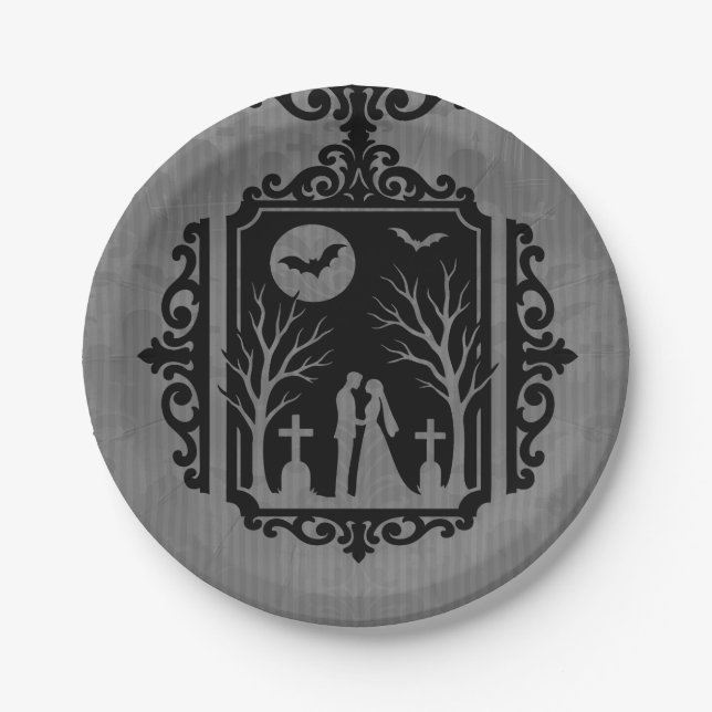 Graveyard Vows Black & Gray Gothic Wedding Paper Plates (Front)