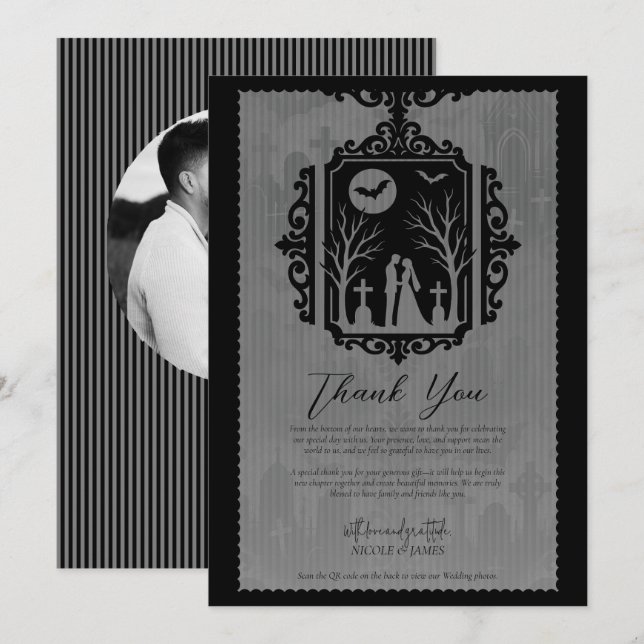 Graveyard Vows Black & Gray Gothic Wedding RSVP Invitation (Front/Back)