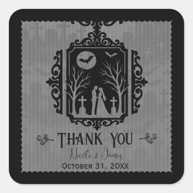 Graveyard Vows Black & Gray Gothic Wedding Square Sticker (Front)