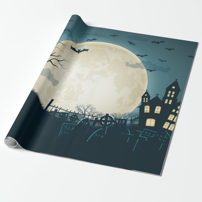 Graveyard with pumpkins, bats, dead tree, moon wrapping paper (Unrolled)