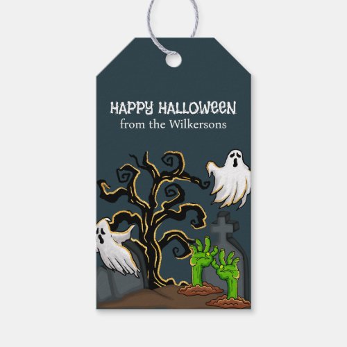 Graveyard Zombie and Ghosts Cute Halloween Gift Tags