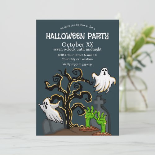 Graveyard Zombie and Ghosts Cute Halloween Party Invitation