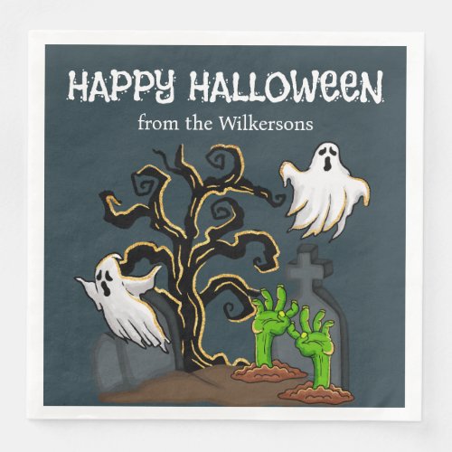 Graveyard Zombie and Ghosts Cute Halloween Party Paper Dinner Napkins