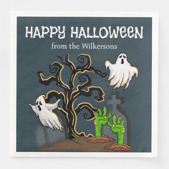 Graveyard Zombie and Ghosts Cute Halloween Party Paper Dinner Napkins (Front)