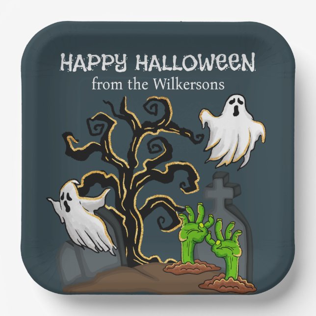 Graveyard Zombie and Ghosts Cute Halloween Party Paper Plates (Front)