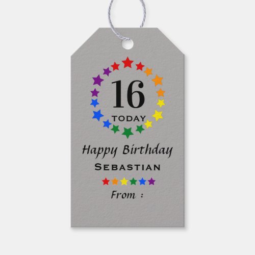 Gray 16 Today or Any Age Birthday LGBTQIA Rainbow Gift Tags
