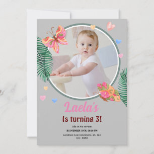 Gray 1st Birthday Butterfly Invitation with Photo
