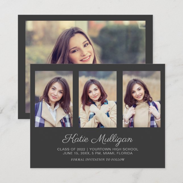 Gray 4 Photo Graduation Save Date Announcement (Front/Back)