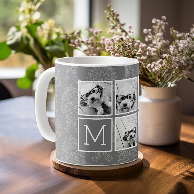 Gray 5 Photo Collage with Text Monogram Coffee Mug (Personalized mug with photos)