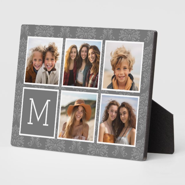 Gray 5 Photo Collage with Text Monogram Plaque (Side)