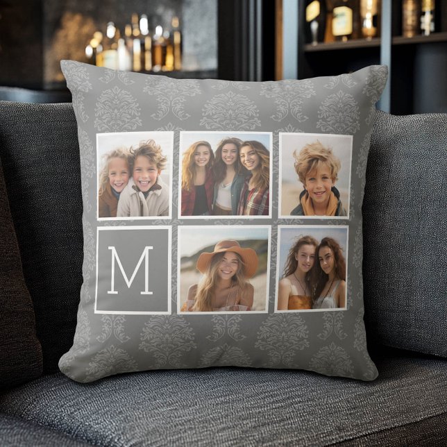 Gray 5 Photo Collage with Text Monogram Throw Pillow (Custom Photo Pillow)