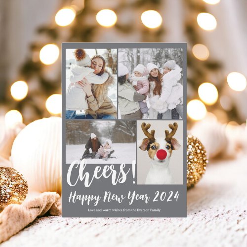 Gray 5 photos cheers Happy new year 2024 Holiday Card