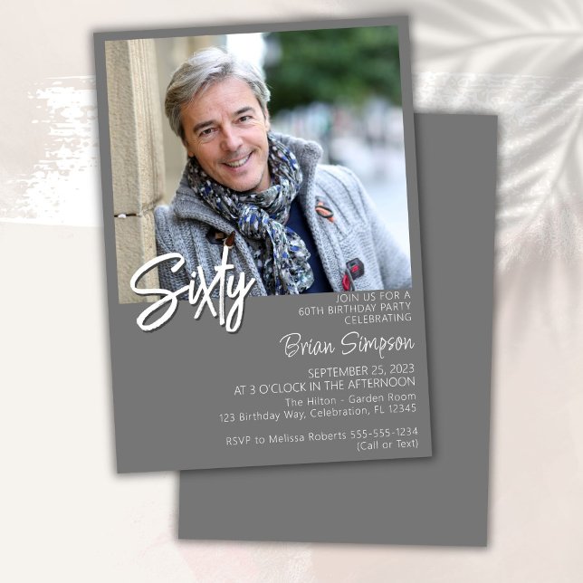 Gray 60th Birthday Photo  Invitation (Creator Uploaded)