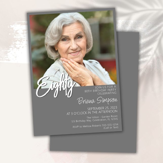 Gray 80th Birthday Photo Invitation (Creator Uploaded)