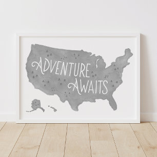 Gray Adventure Awaits US Map Kids Room Decor