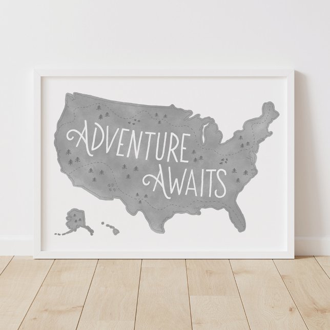 Gray Adventure Awaits US Map Kids Room Decor (Creator Uploaded)