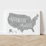 Gray Adventure Awaits US Map Kids Room Decor Faux Canvas Print<br><div class="desc">This hand-lettered watercolor "Adventure Awaits" US map is perfect for little explorers and big explorers alike! The map is a great finishing touch for adventure,  outdoors,  or travel themed rooms.</div>