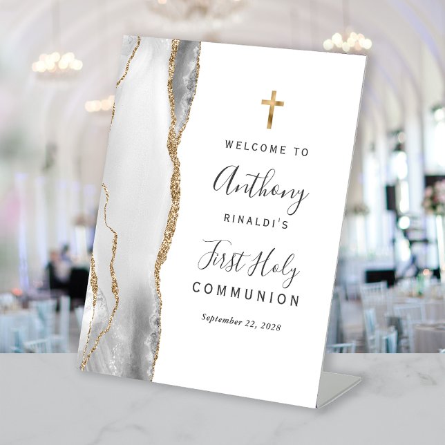 Gray Agate Gold First Holy Communion Welcome Pedestal Sign (Creator Uploaded)