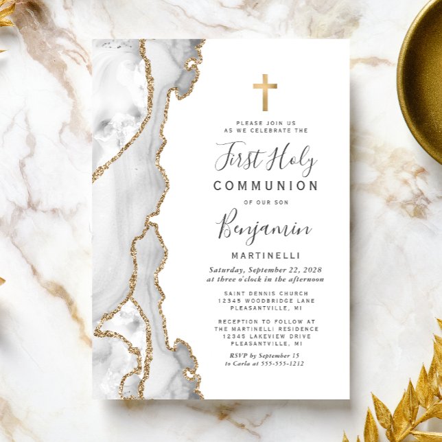   Gray Agate Gold Glitter First Holy Communion Invitation (Creator Uploaded)