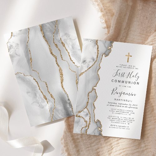   Gray Agate Gold Glitter First Holy Communion Invitation