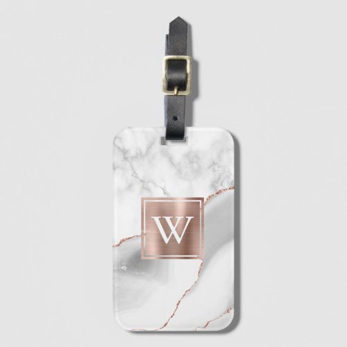 Gray Agate Rose Gold White Marble Monogram Luggage Tag