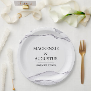 Gray Agate Silver Glitter Bride and Groom Wedding Paper Plates