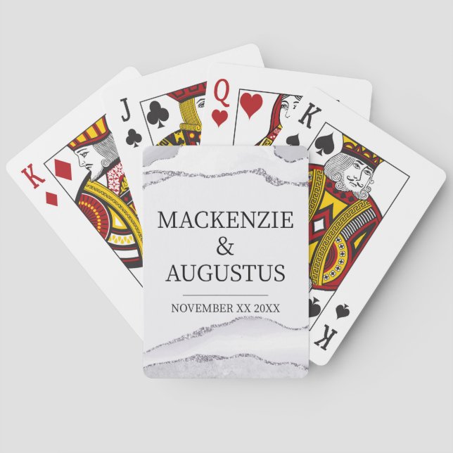 Gray Agate Silver Glitter Bride and Groom Wedding Poker Cards (Back)