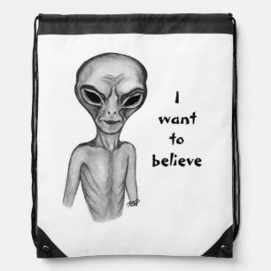 Gray Alien , I want to believe Drawstring Bag